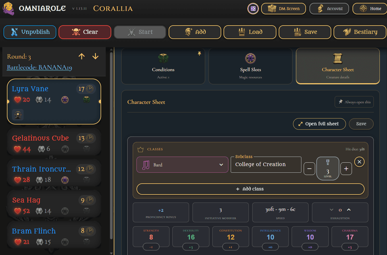 Omniarole Initiative Tracker with the turn order and Lyra Vane's character sheet