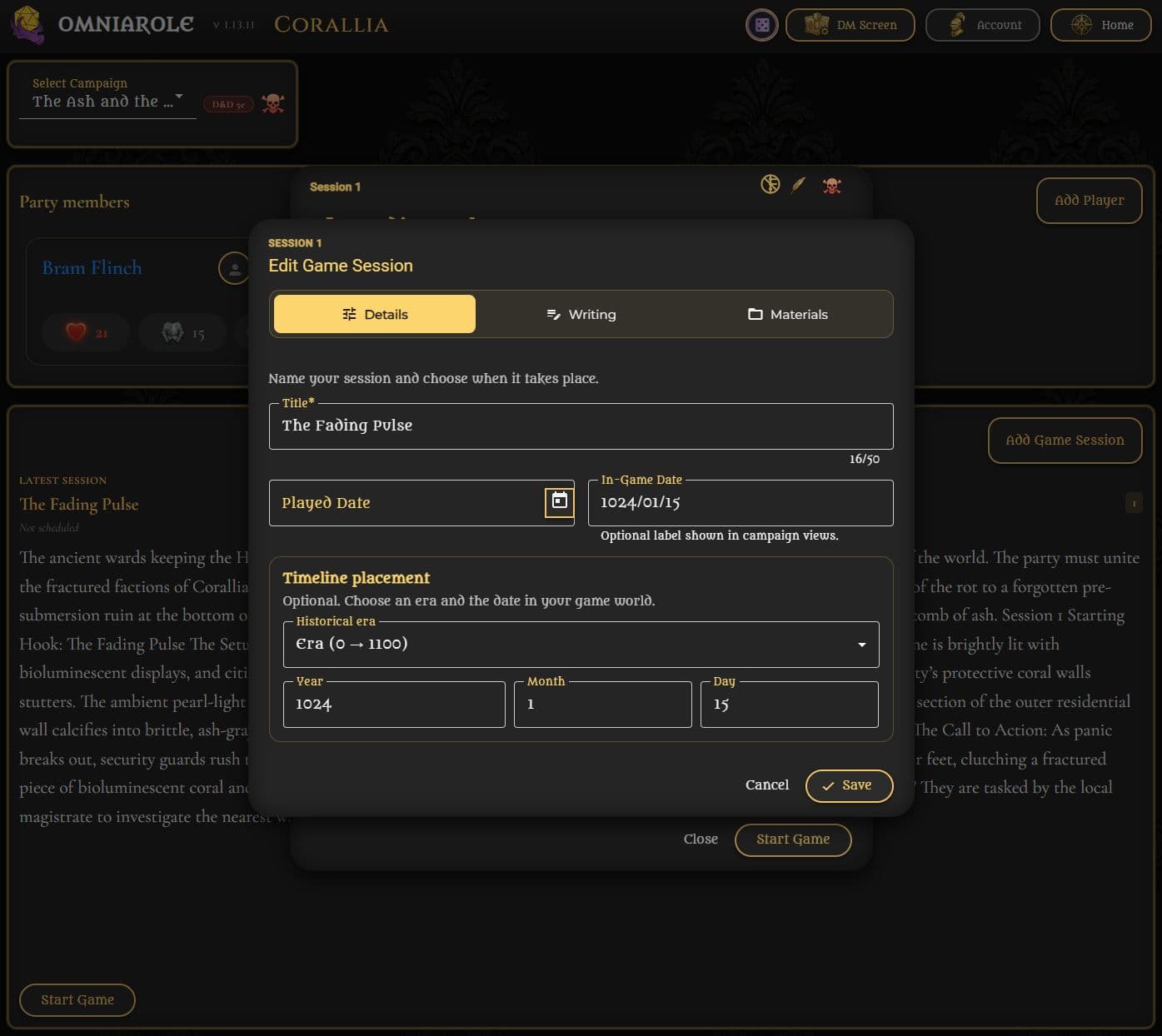 Session Details form for The Fading Pulse
