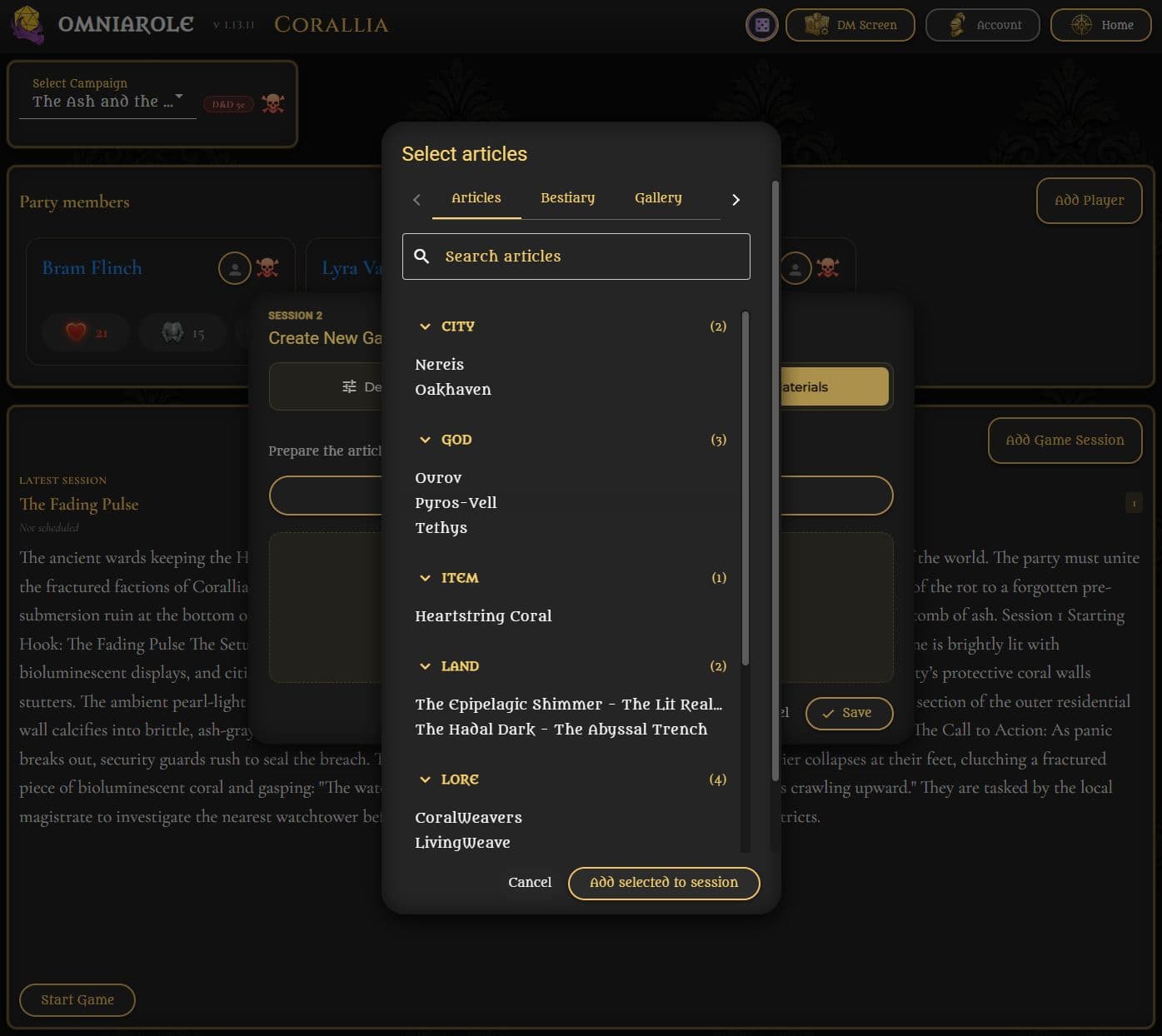 Material selector with Articles, Bestiary, Gallery, Maps, and Relationships