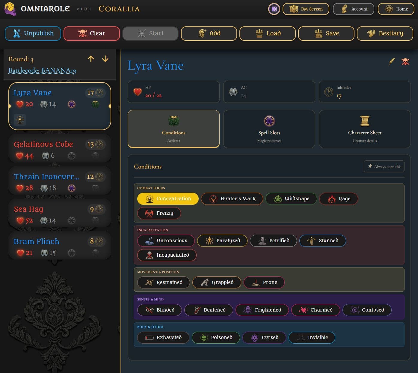 English Initiative Tracker showing Lyra Vane's conditions and the encounter order