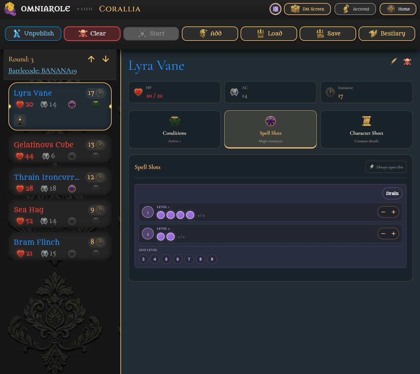 Lyra Vane's Spell Slots panel with first-level and second-level resources