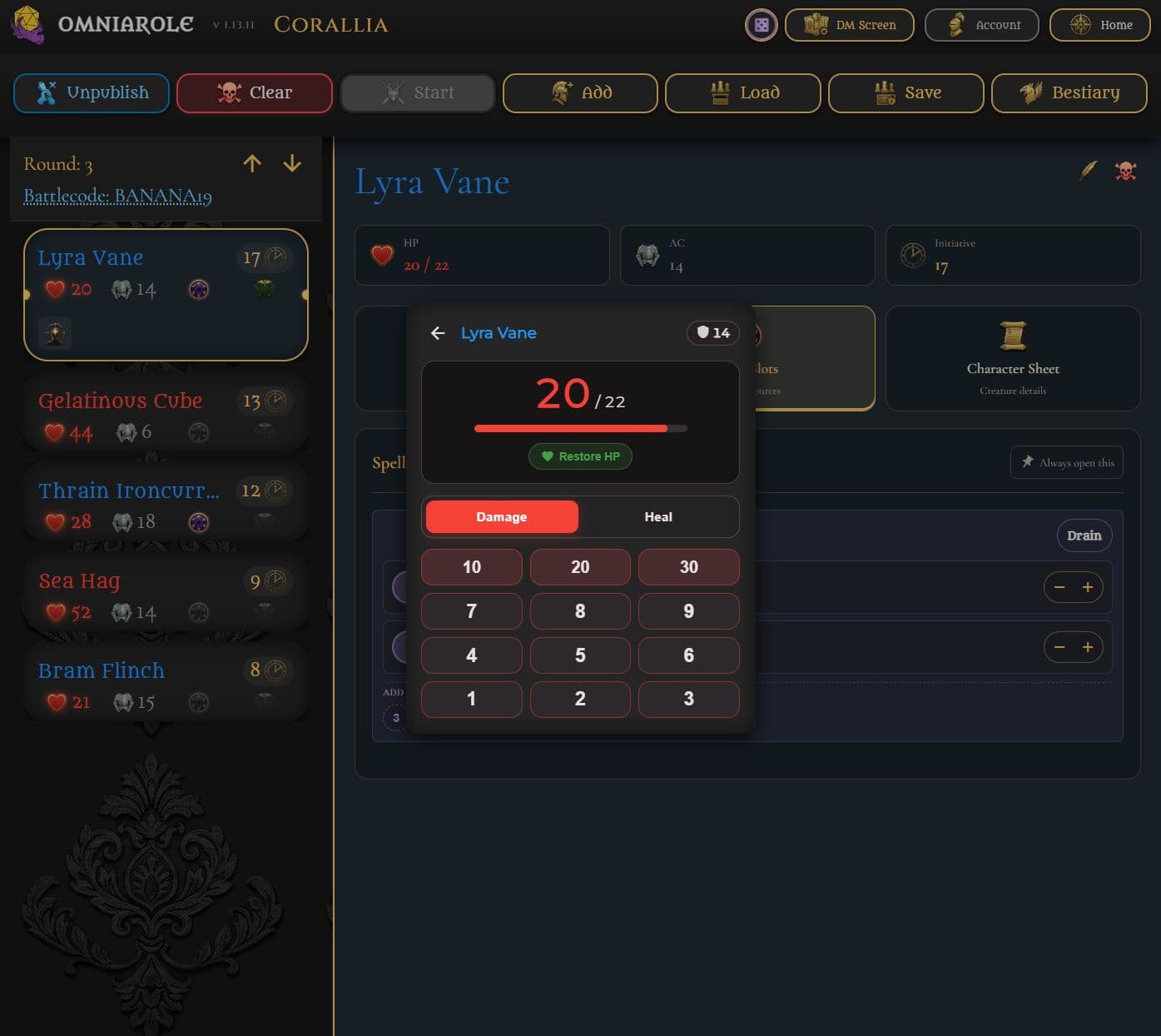 Hit point panel showing 20 of 22 HP with Damage, Heal, and Restore HP controls