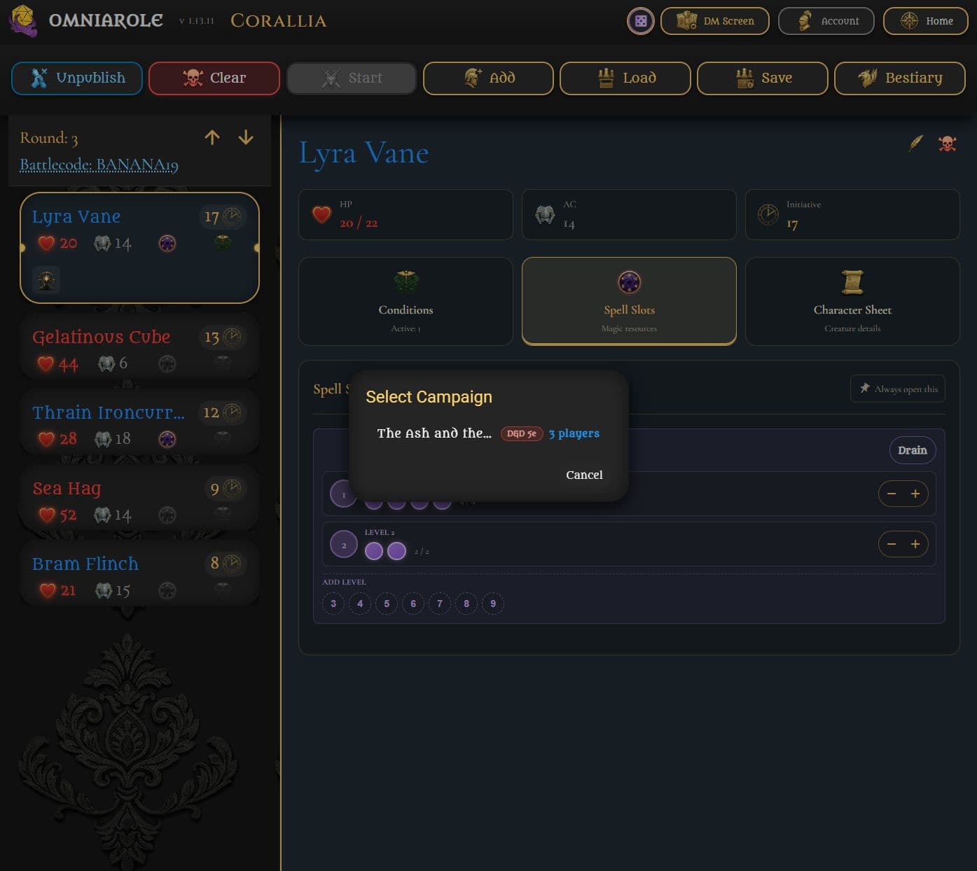 Tracker campaign selector showing The Ash and the Song and three players