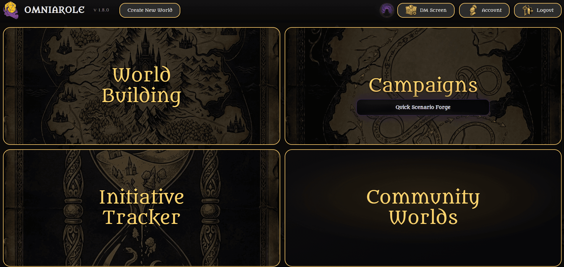 Omniarole home screen with the main sections