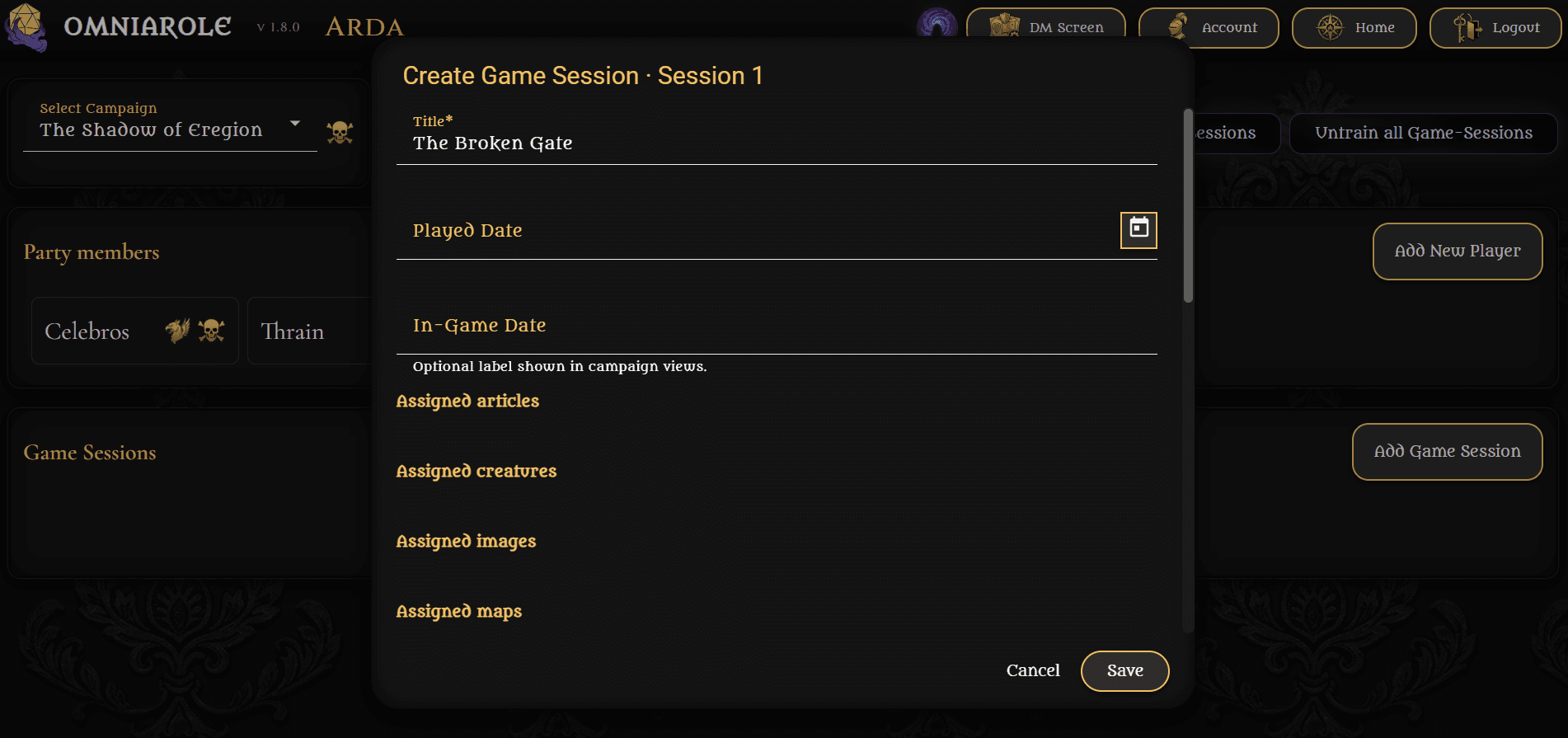 Creating a game session with assigned content