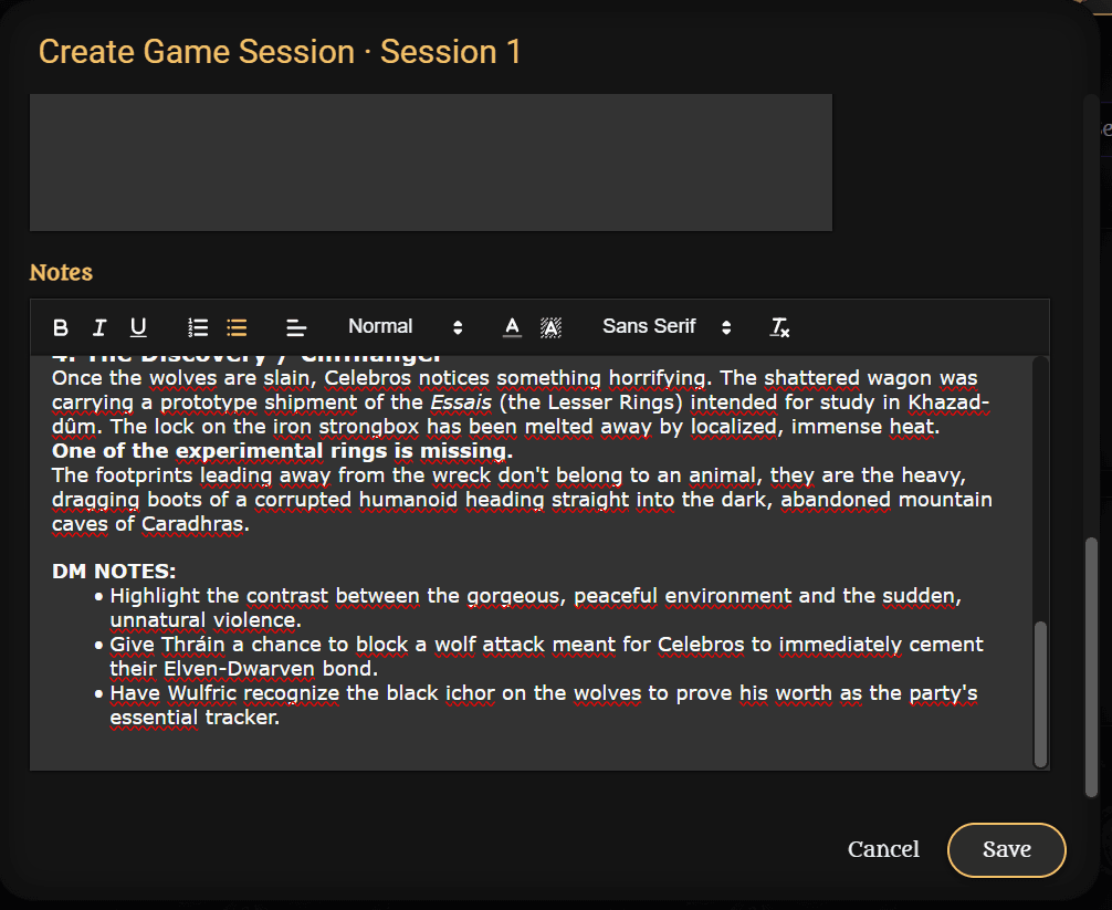 Session notes with DM reminders