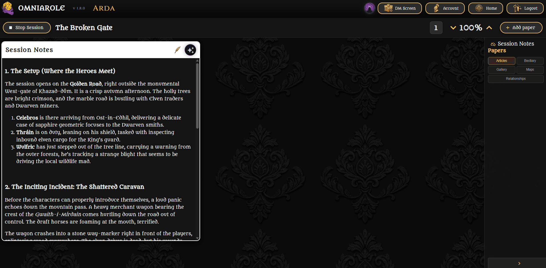 Live session screen with notes open