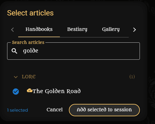 Selecting articles to add to the session