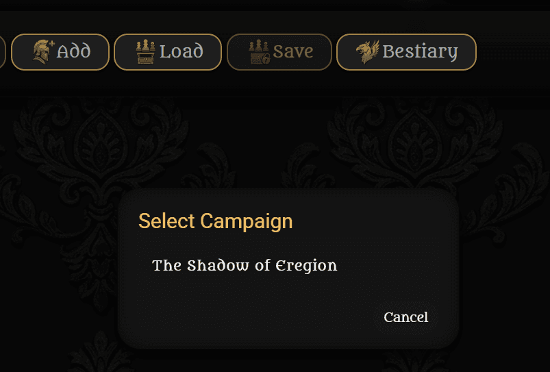 Selecting a campaign to load into the Initiative Tracker