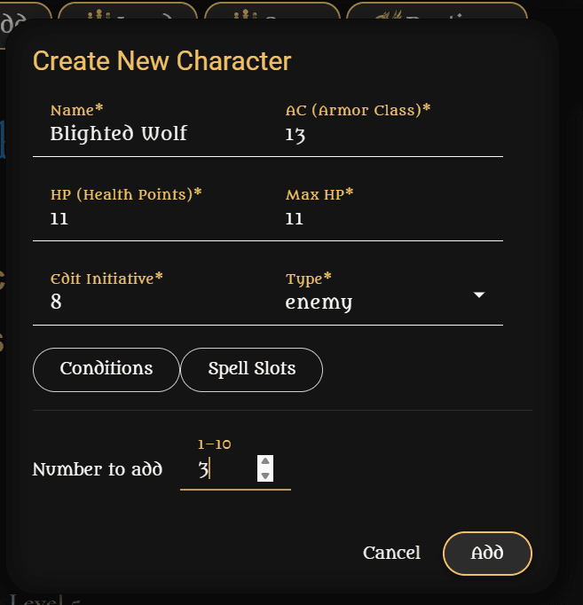 Adding enemies to the Initiative Tracker
