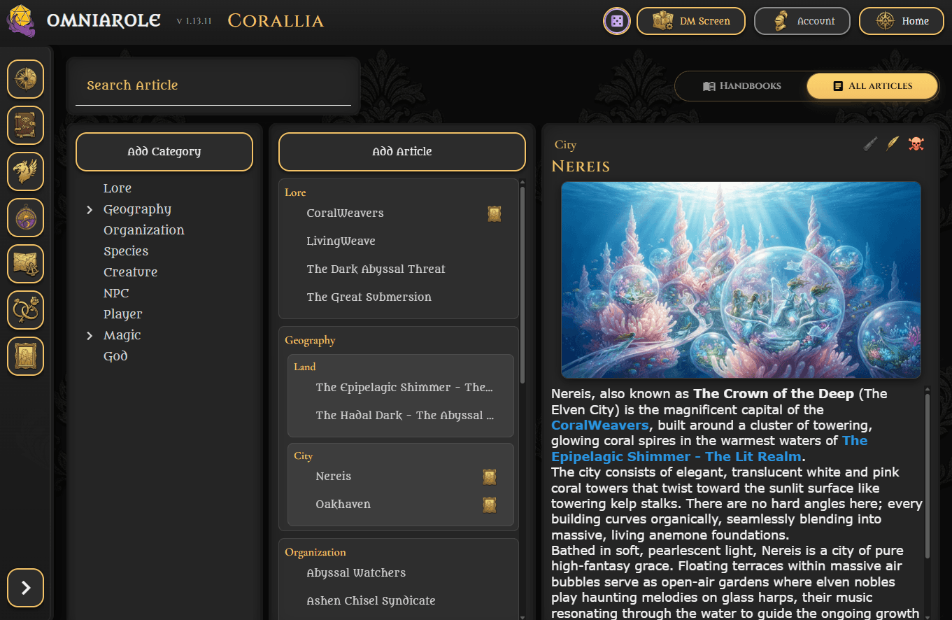 Omniarole articles view with lore categories and an illustrated article about Nereis