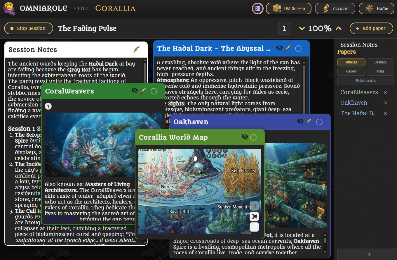 Omniarole Game Session with notes, illustrated articles, and the Corallia world map