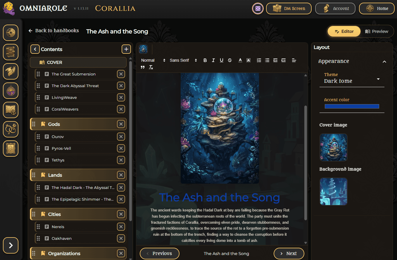 Omniarole handbook editor with chapter contents, a Corallia cover, and layout controls