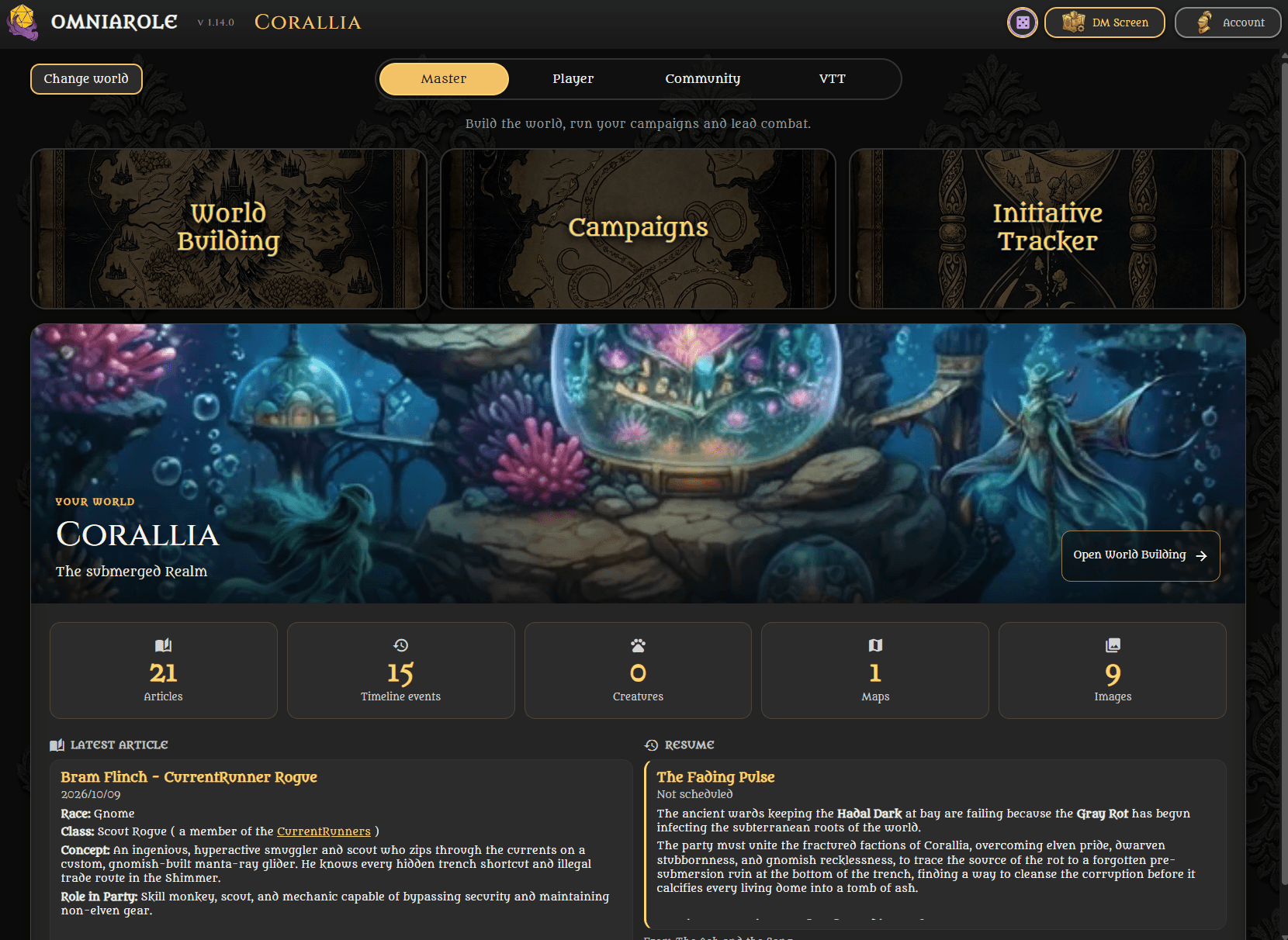 Omniarole home dashboard with world building, campaigns, the tracker, and a session recap