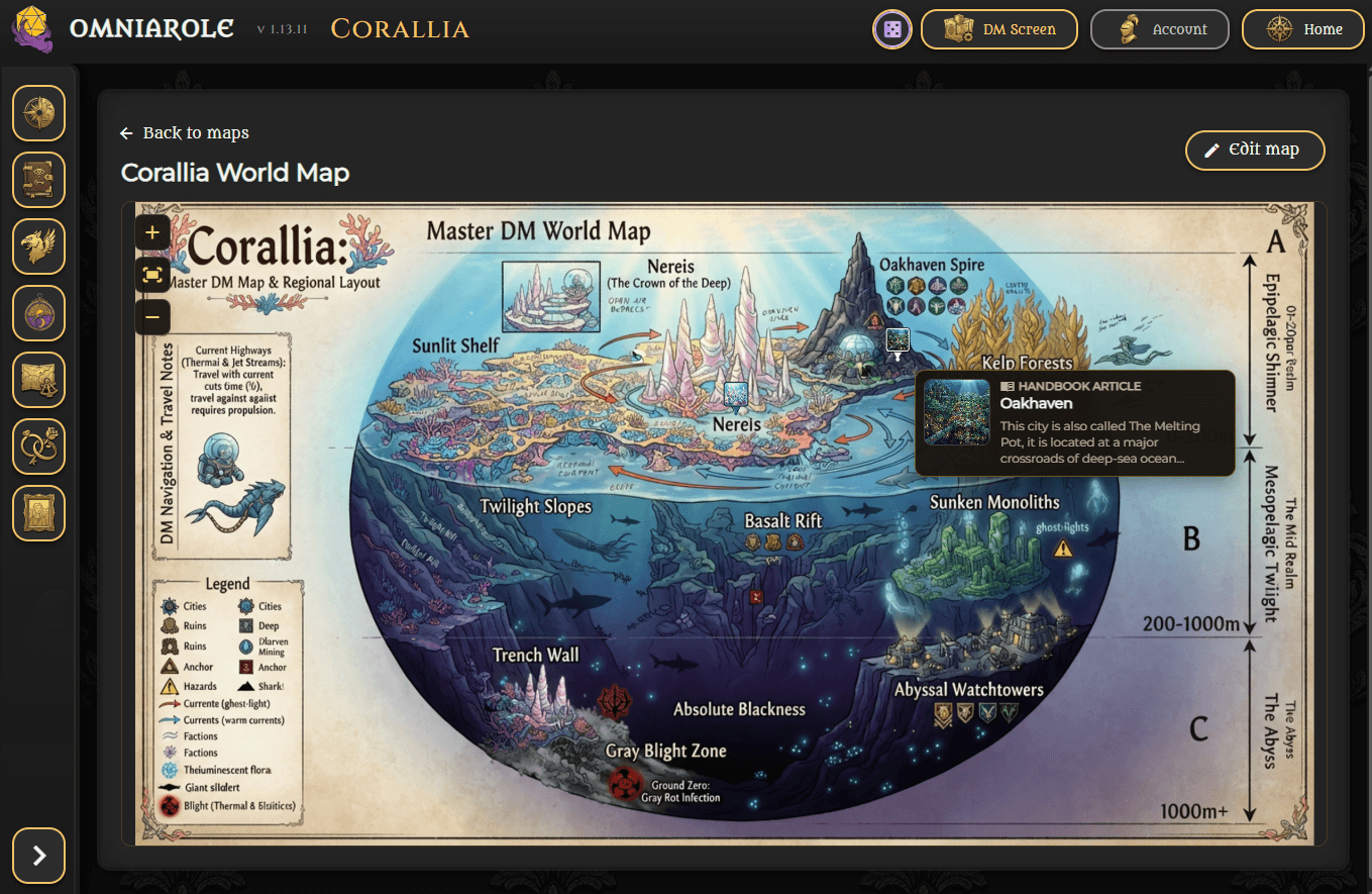 Corallia world map in Omniarole with location markers and an Oakhaven article preview