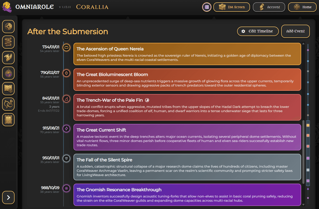 Omniarole timeline showing colorful events from the history of Corallia