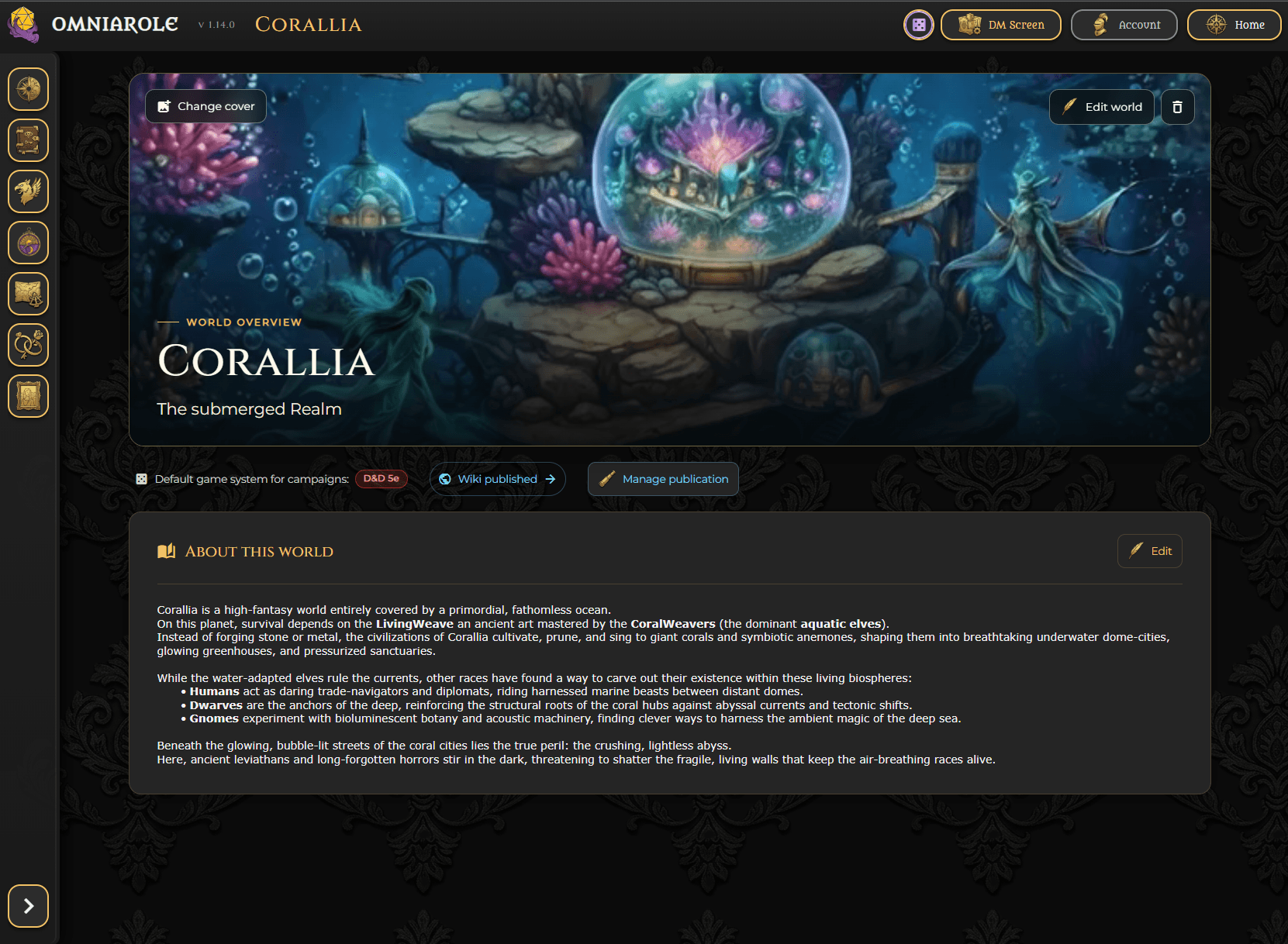 Omniarole World Overview introducing Corallia, The Submerged Realm