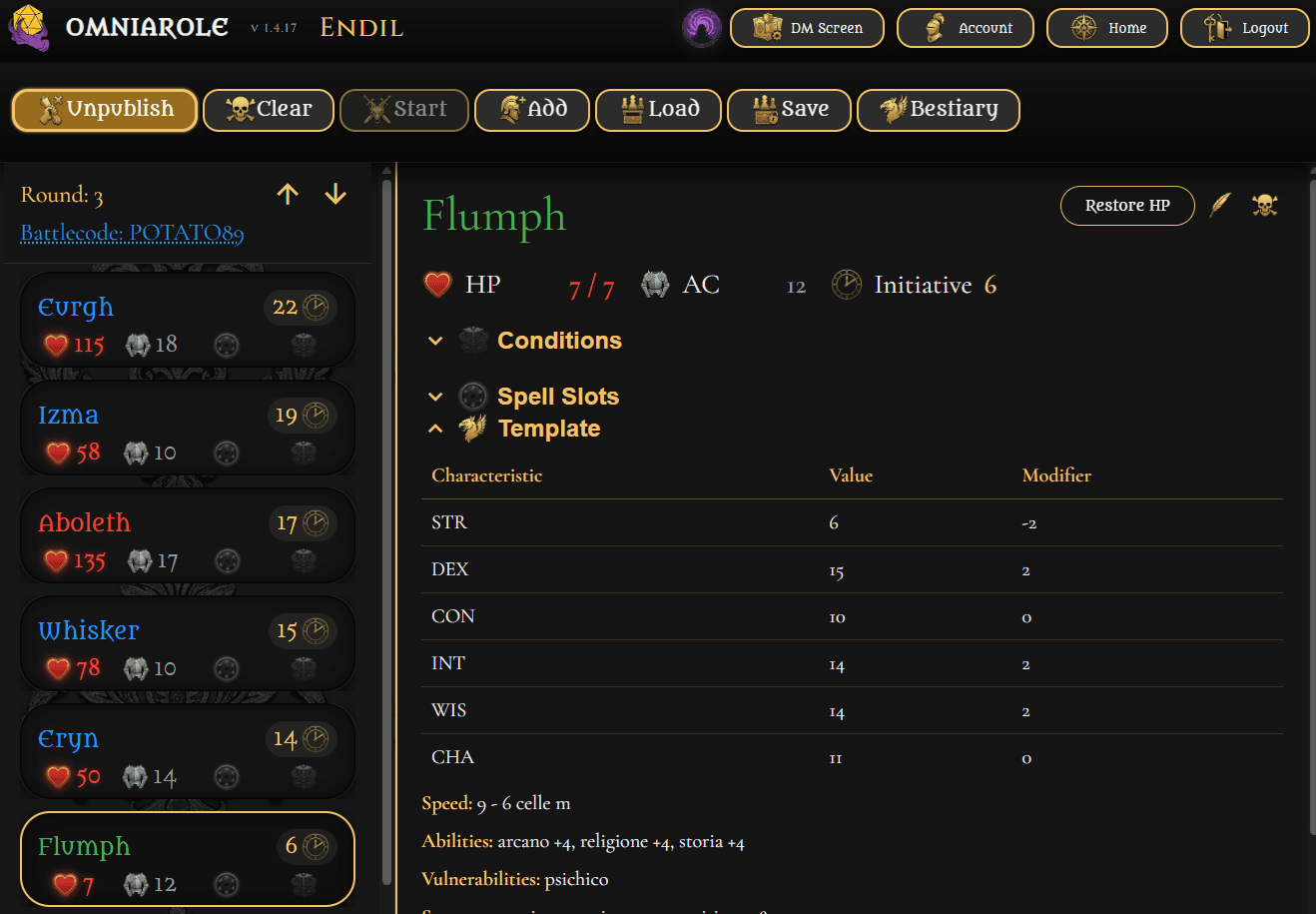 Omniarole initiative tracker during combat